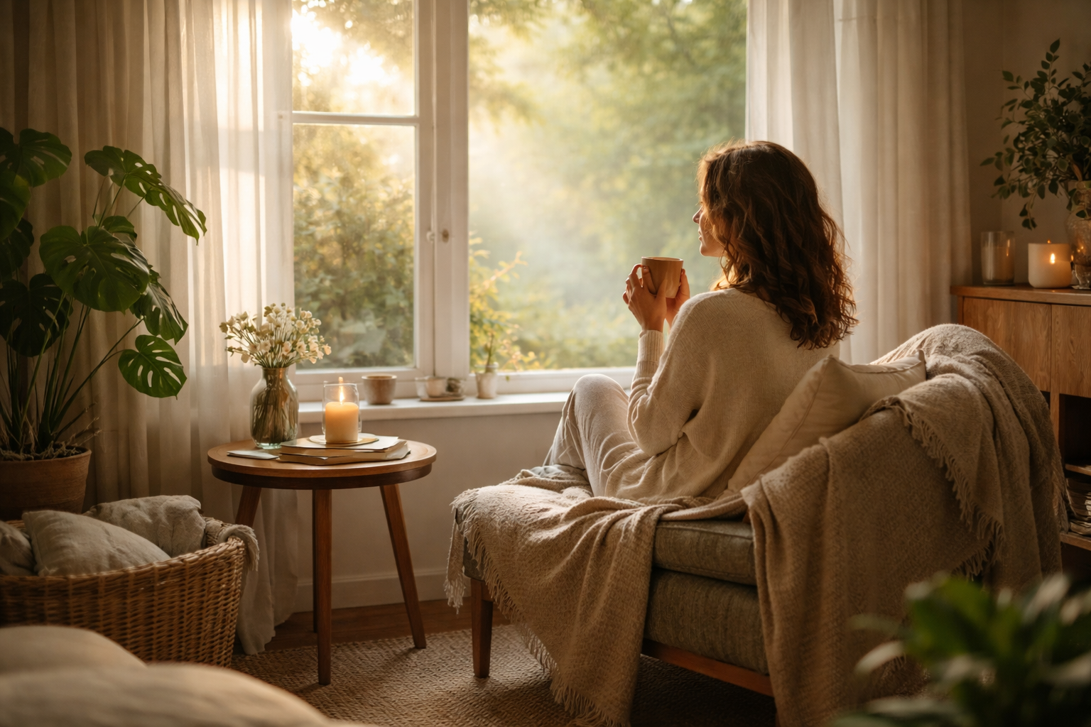 peaceful morning scene with person enjoying quiet moment by window with natural light, soft ambient sounds, calm wellness atmosphere, serene indoor space