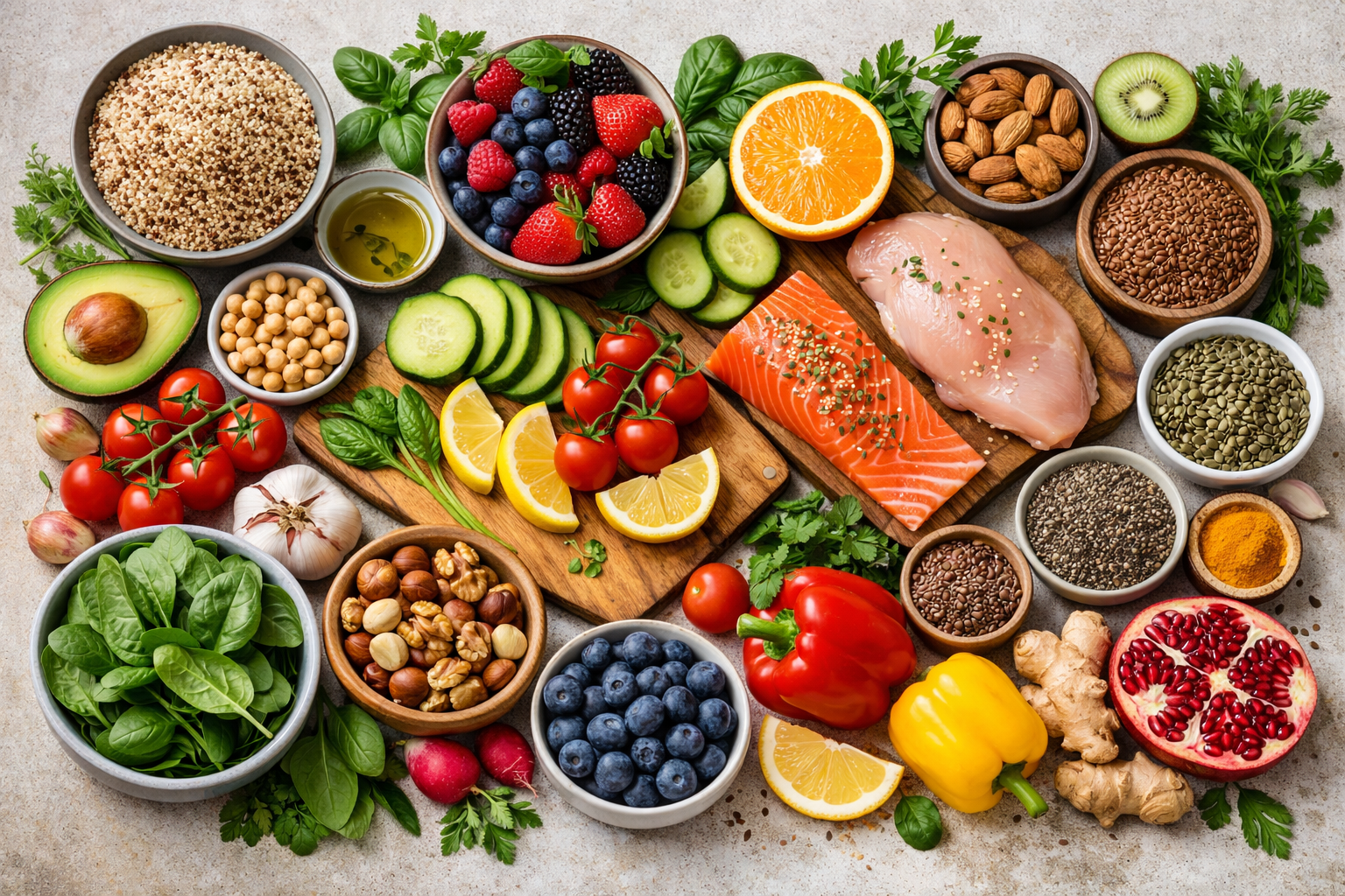 healthy fresh food ingredients, colorful fruits and vegetables, nuts and seeds, wellness nutrition concept, natural wholesome meal preparation